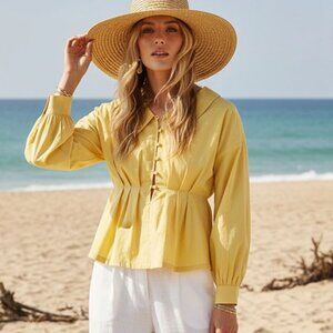 Lumiere Yellow 100% Cotton Collared Peplum Blouse Balloon Sleeve Top